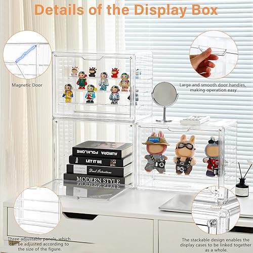 Miniatura 5 de Estuche de exhibición de acrílico, caja transparente con 3 divisores ajustables, estante de exhibición de figuras con puerta magnética, caja de