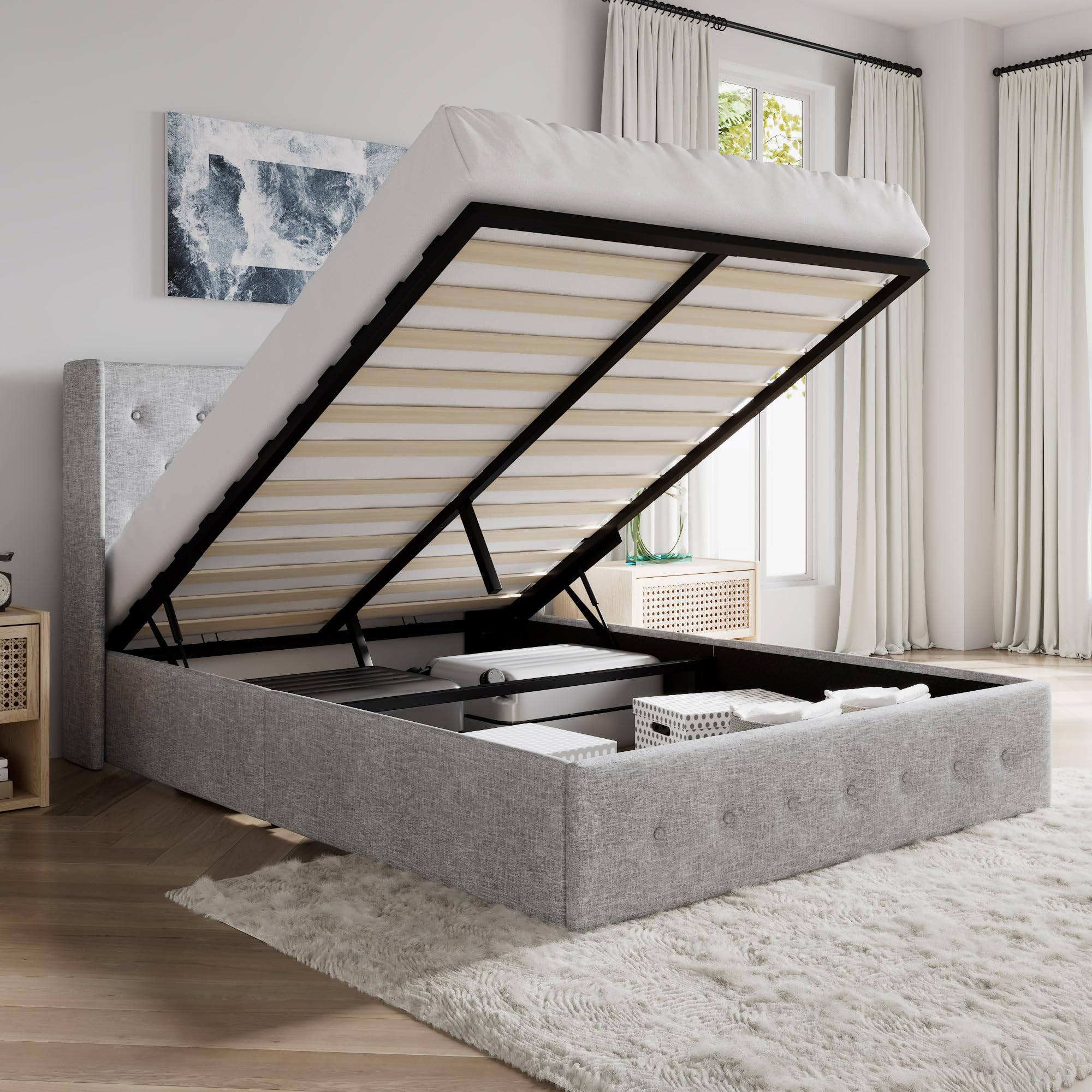 SHA CERLIN Queen Size Lift Up Hydraulic Storage Bed Frame