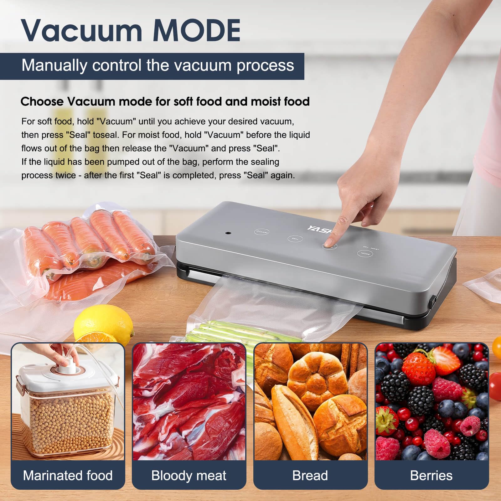 YASHE 5-in-1-Vakuumiermaschine mit Trocken- und Feucht-Modi, Multifunktions-Vakuumiermaschine für Sous-Vide-Kochen, 30 cm Naht zum Konservieren von Fleisch, Fisch, Obst und Gemüse