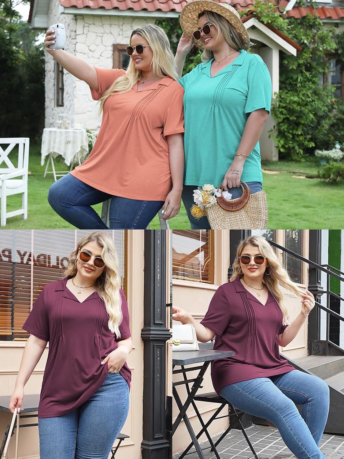 ROSRISS Plus-Size-Womens-Summer-Tops Casual Polo V Neck Work T Shirts Cute Flowy Pleated Blouses Trendy Short Sleeve Tunics - Image 4