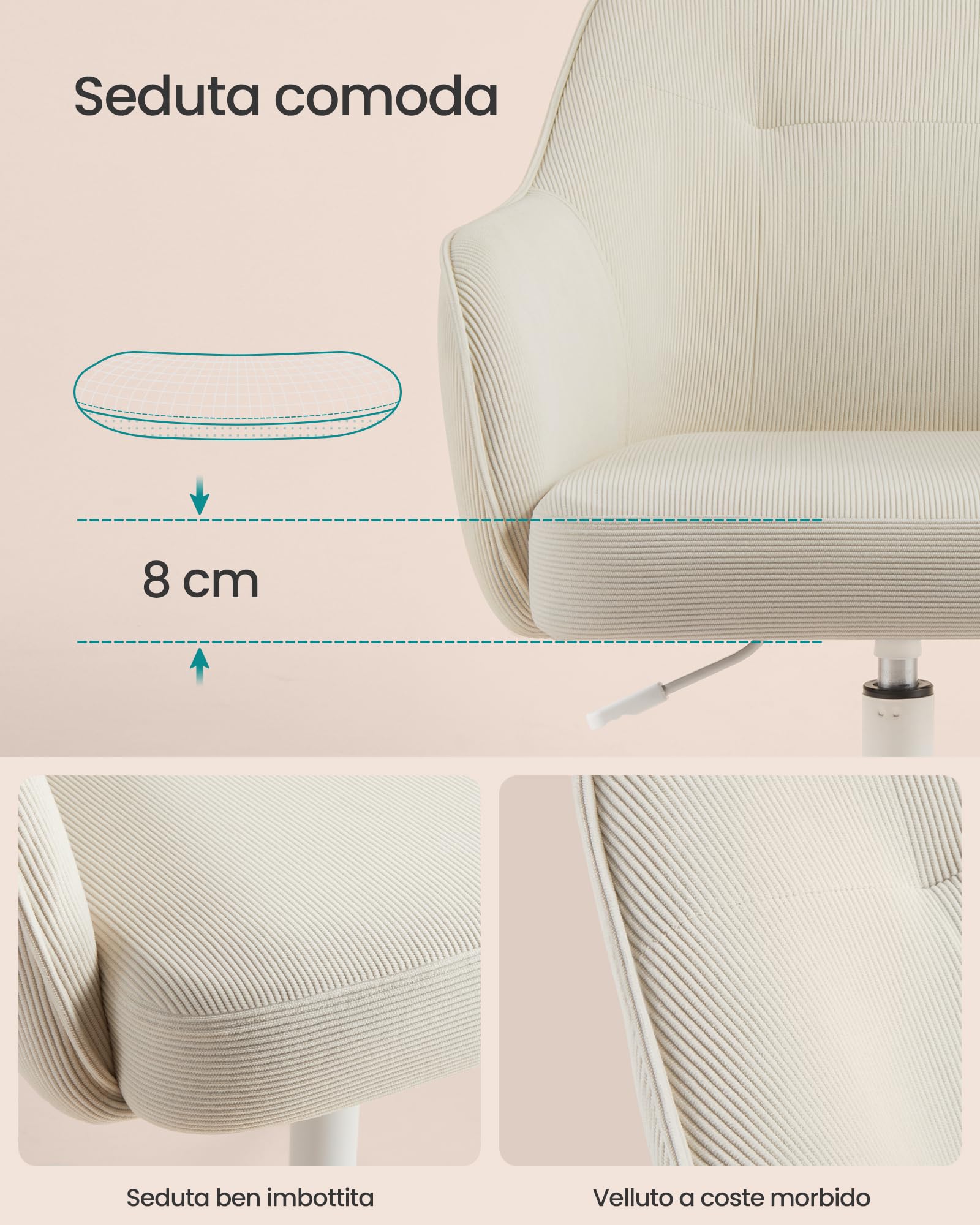 SONGMICS Sedia da Ufficio, Sedia Girevole, Regolabile in Altezza, Portante 110 kg, Struttura Acciaio, Tessuto di Velluto a Coste, Studio, Camera da Letto, Beige Sabbia OBG019LZ01