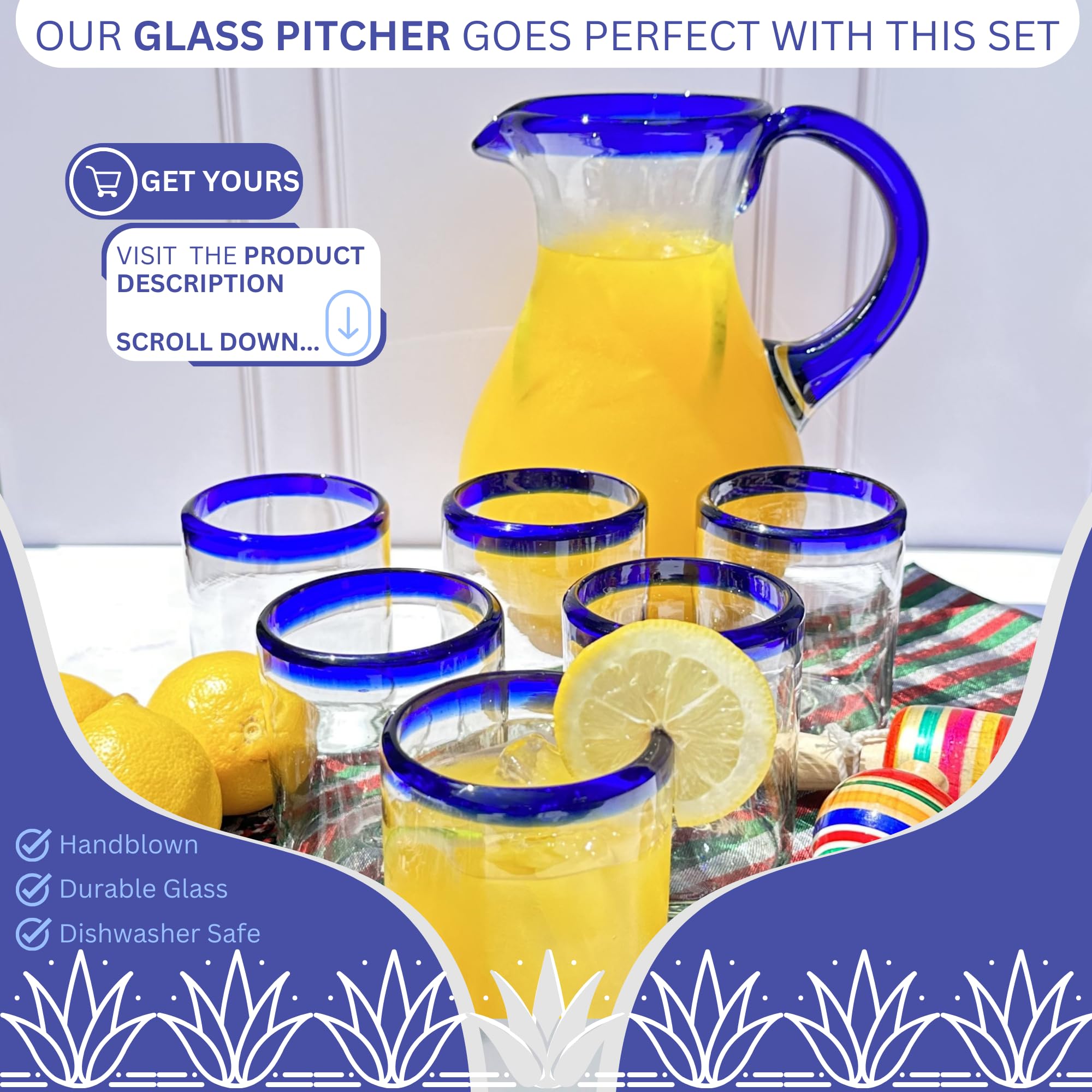 AGAVE'S GLASSWARE Juego de 6 vasos (10 onzas), vasos de cristal con borde azul cobalto, cristalería mexicana, cristalería azul cobalto, vasos de cóctel (borde azul cobalto, 10 onzas)
