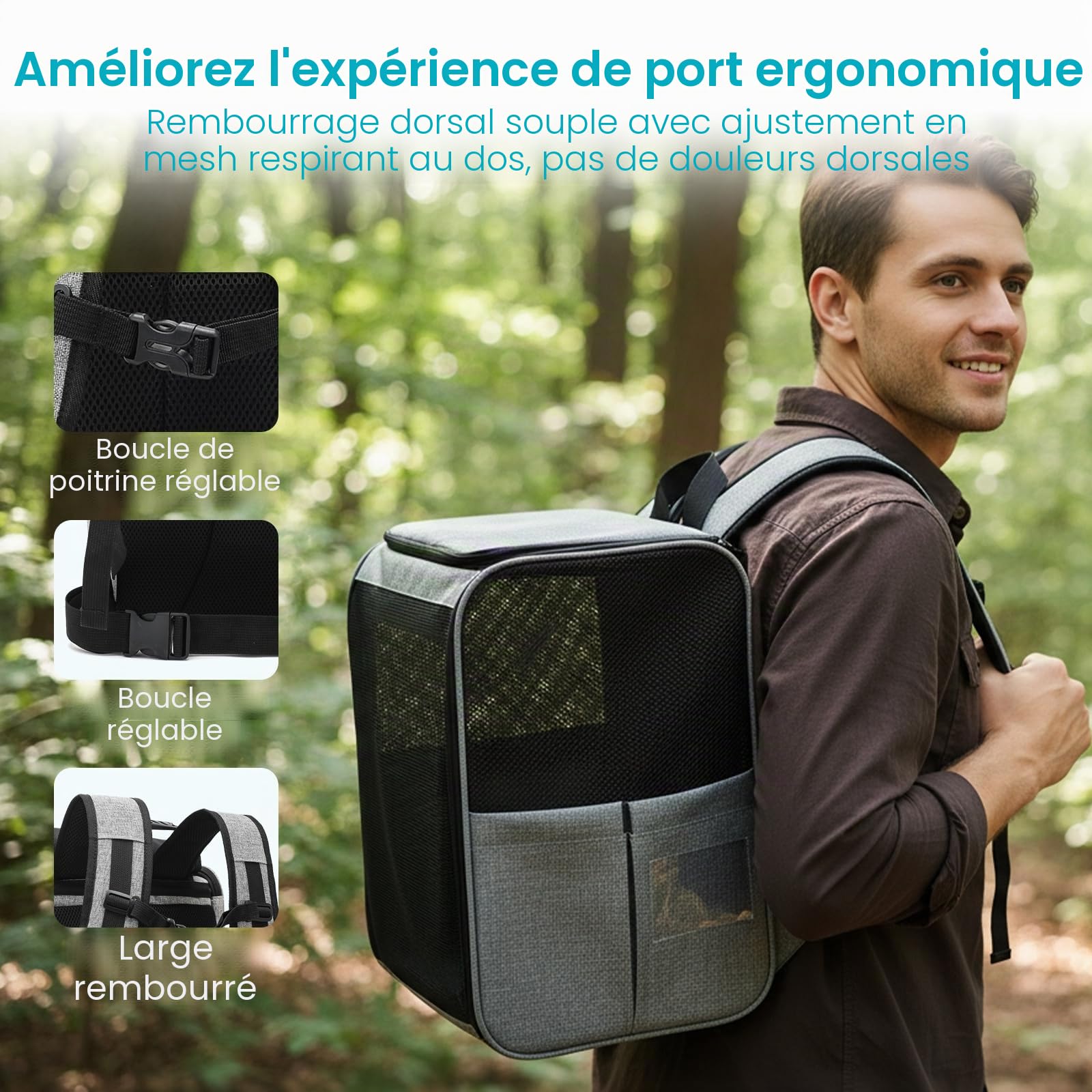 Sac à Dos de Transport pour Chat et Chiot, Sac à Dos de Transport, Camping, randonnée, Portable, Respirant pour Chats et Chiens de Taille Moyenne, Petite, Gris