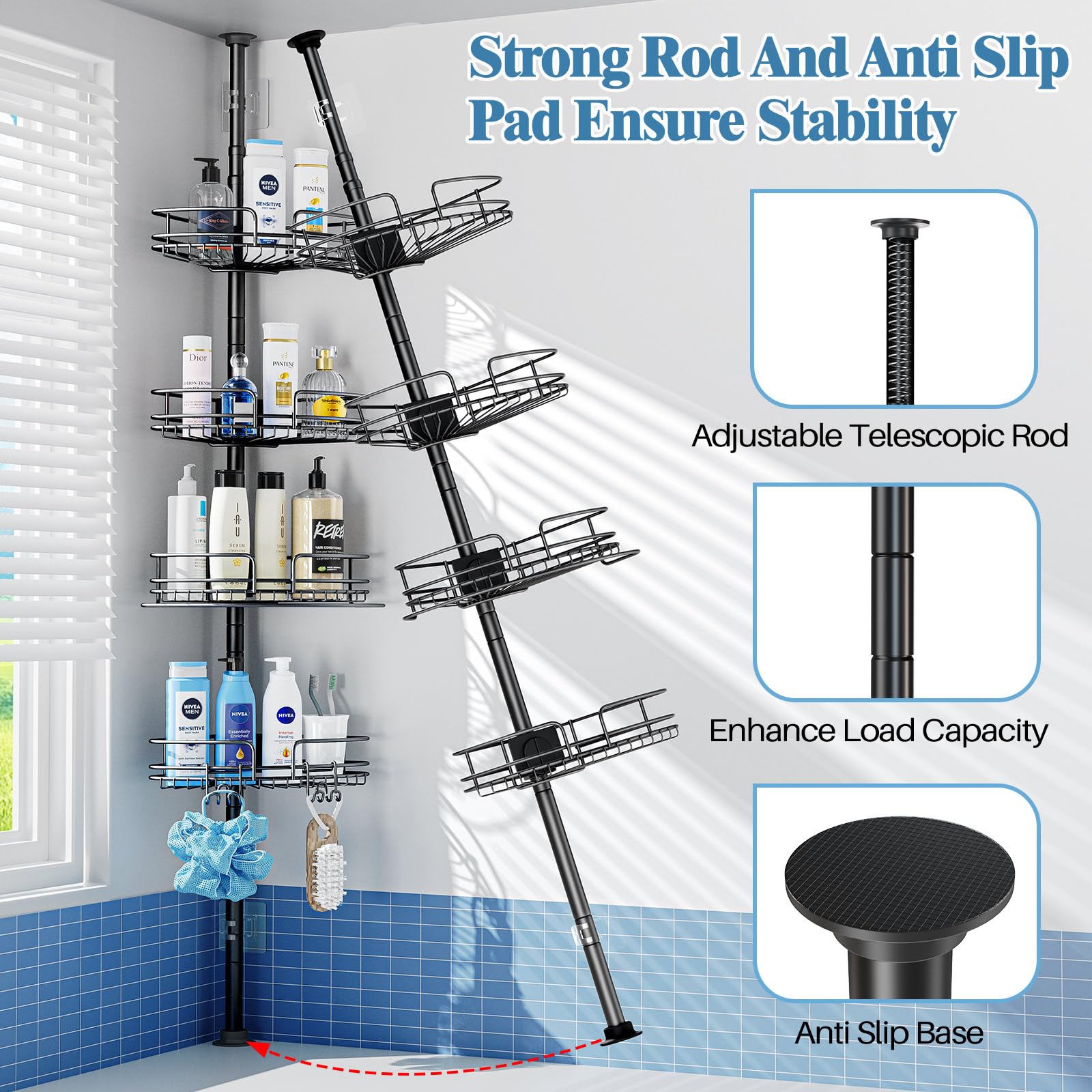 PKBD Etagere Douche Telescopique Sans Percage, Hauteur Réglable de 58,5 à 317,5 cm, Étagère d'angle Douche Avec 4 Paniers, Noir