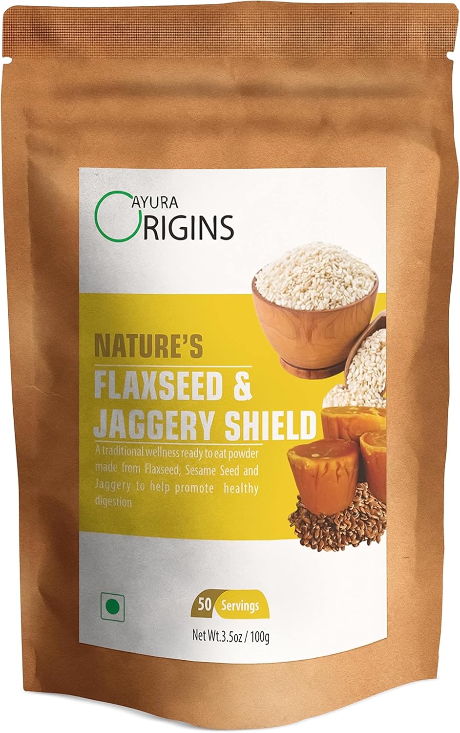 AYURA ORIGINS Nature's Flaxseed & Jaggery Shield (3.53 oz - 50 Servings) - Plant Based Supplement for Gas Relief and IBS Control - Supports Gut Health and Digestion