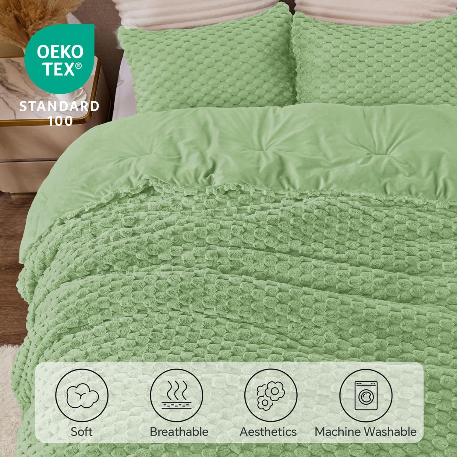 BEDELITE Fluffy Queen Comforter Set - Grass Green Fleece Soft Comforter for Queen Size Bed, Luxury Warm Bedding Set for Winter, Fuzzy Bed Set 3 Pieces (1 Comforter, 2 Pillowcases) - Image 4