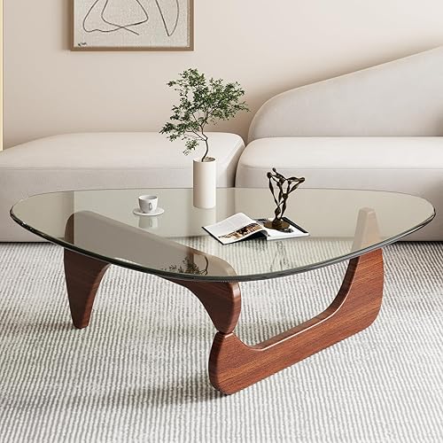 Triangle Coffee Table in Walnut Mid Century Modern Solid Wood Base and Triangle Clear Glass Coffee Table for Living Room Low Minimalist Tea Table Coffee Tables (36 * 25.6 * 16, Walnut Transparent)