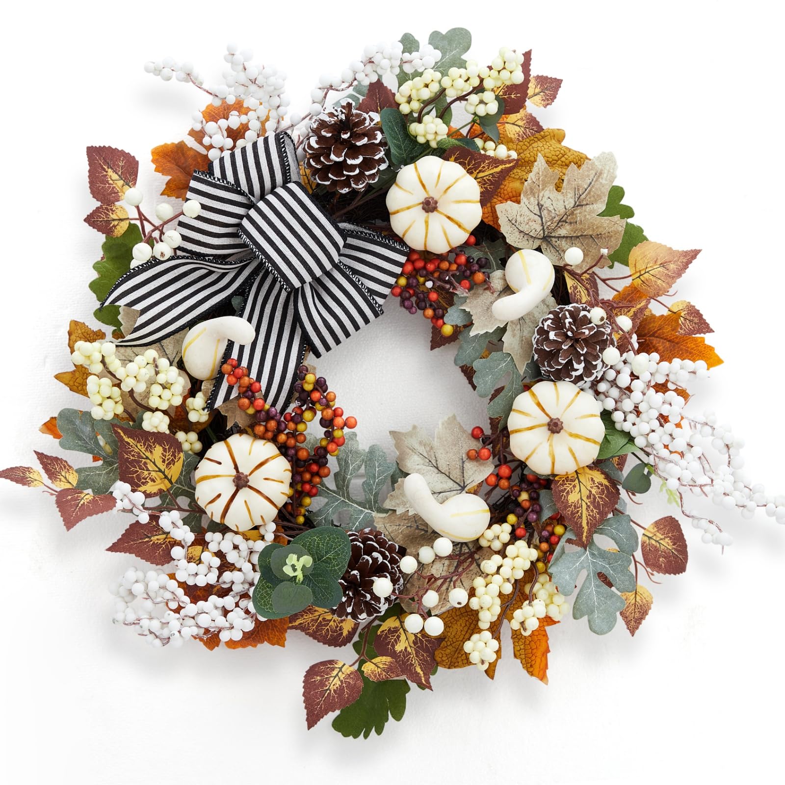 Fall Wreath for Front Door, 20" Autumn Pumpkin Wreath with Leaves Pine Cones Bow for Outdoor Porch Decor Farmhouse Thanksgiving Harvest Home Decorations