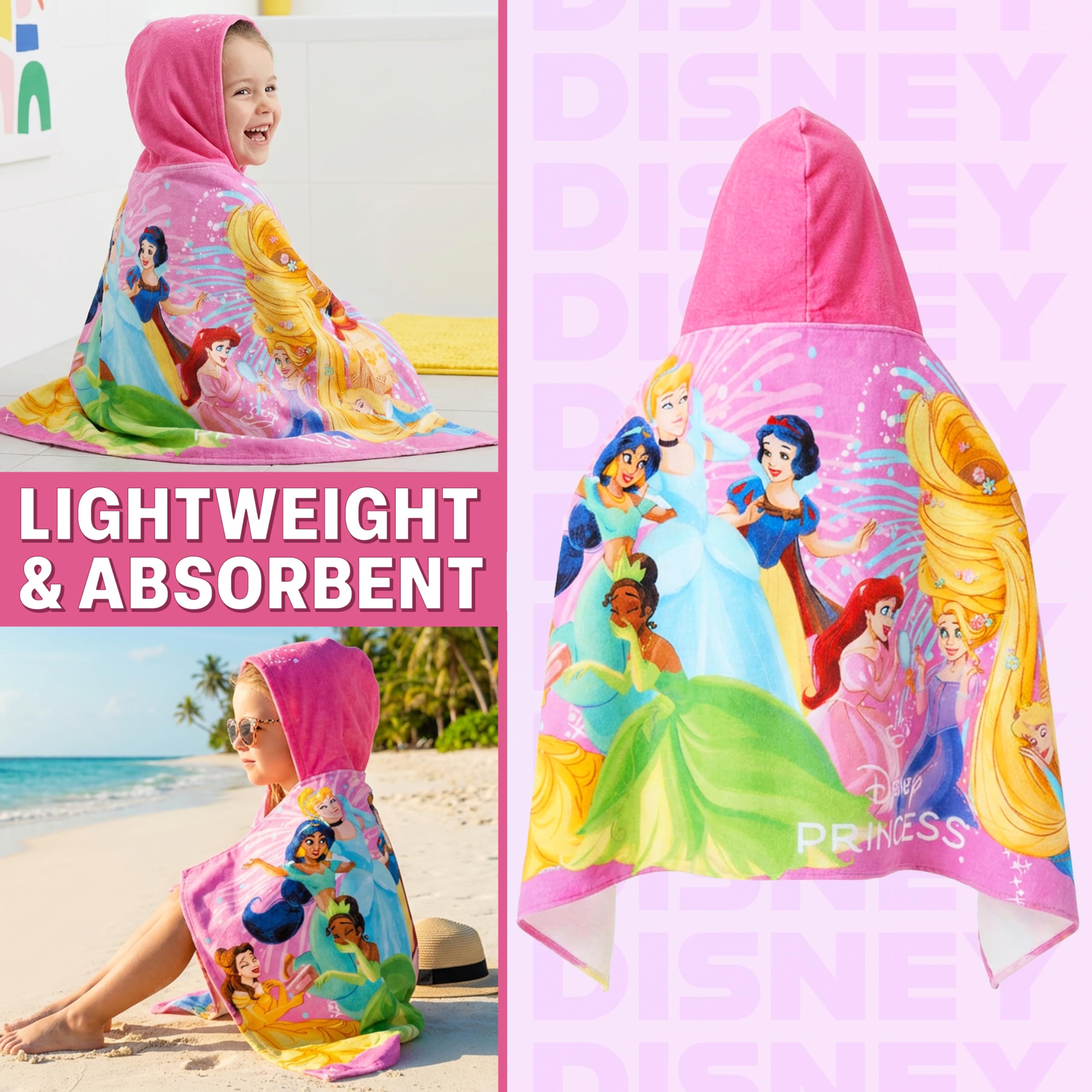 Get Trend Disney Princess Incappucciata Accappatoio Bambina, Cotone Spiaggia e Asciugamani Bagno, Morbido e Assorbente, Accessori da Viaggio, Regalo Ragazza (Multi Princess)
