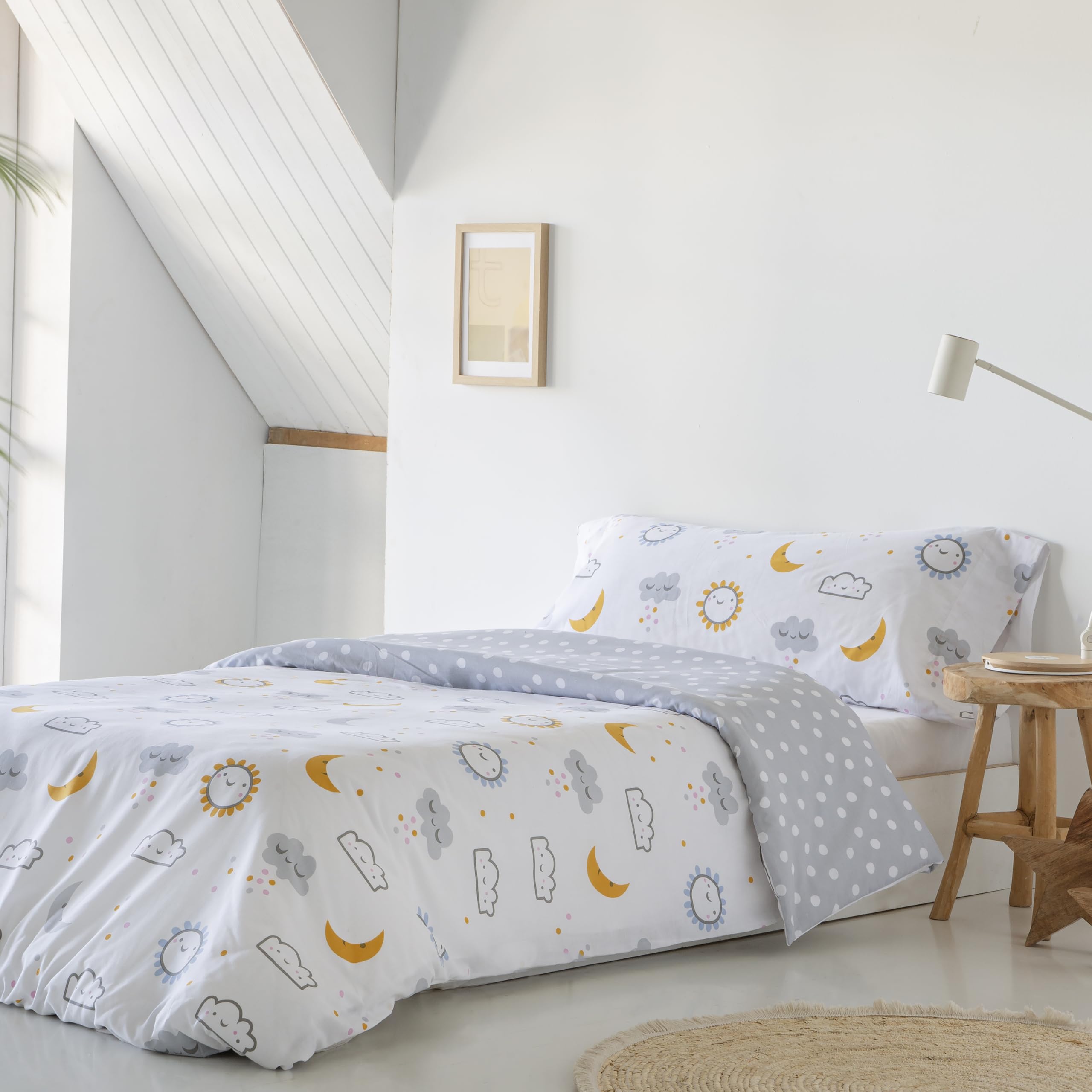 Funda nordica Infantil/Juvenil 50% ALGODÓN - 50% POLIÉSTER Diver Gris Y Mostaza Reversible Cama de 105 Incluye Funda nórdica 180x220 + 1 Funda de Almohada. Cierre con Botones