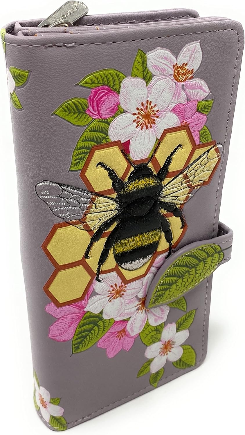 Shag Wear Bumblebee Honeycomb Tattoo Large Women’s Wallet, Vegan Faux Leather Bifold with Card Slots, Bill Compartments and Secure Snap Closure in Lavender 7"
