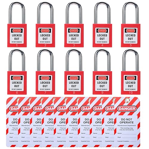 RealPlus Cerraduras de etiquetado de bloqueo, 10 cerraduras de seguridad con llave diferente y 10 etiquetas de etiquetado de bloqueo, juego de
