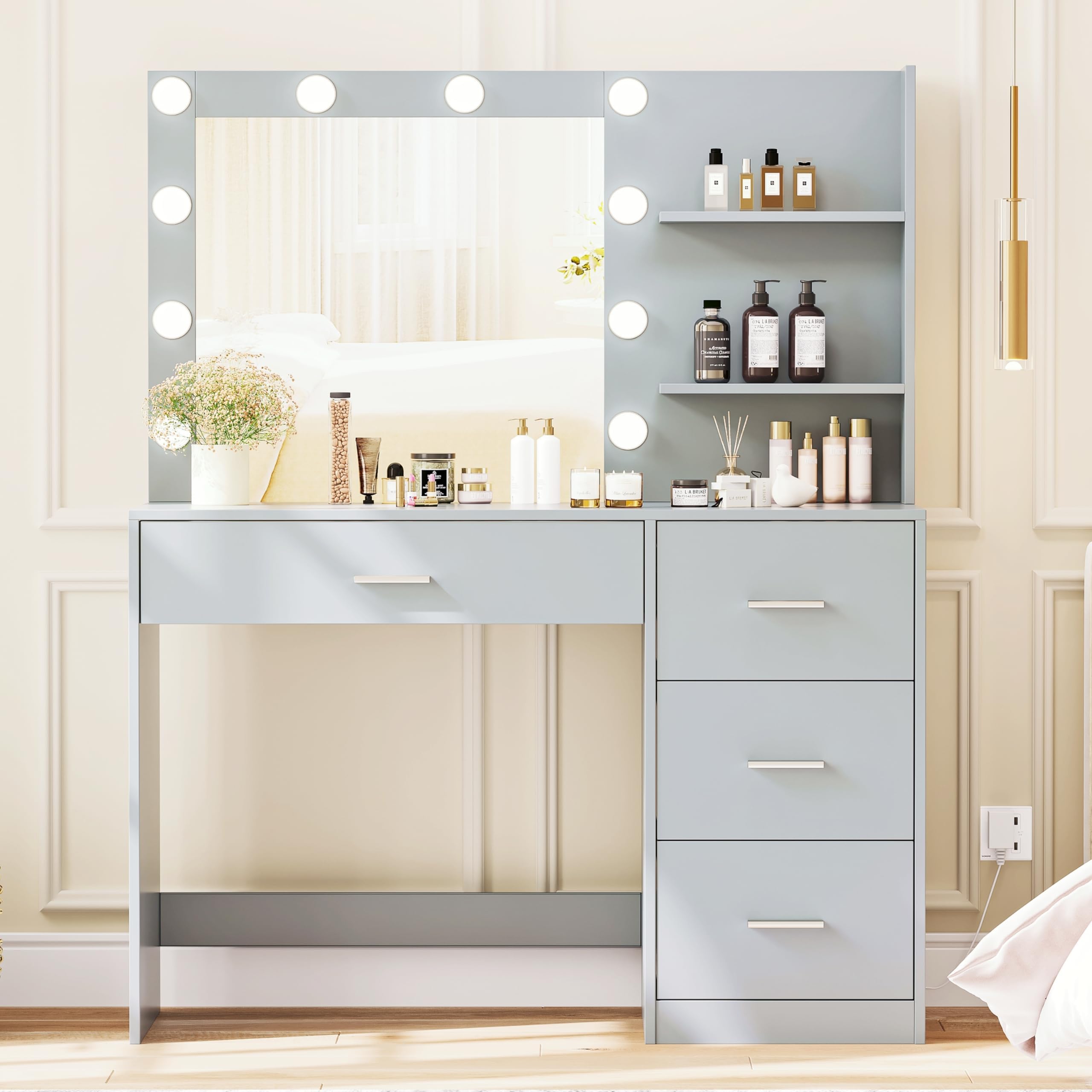RovaurxMakeup Vanity Table with Lighted Mirror, Makeup Vanity Desk with Storage Shelf and 4 Drawers, Bedroom Dressing Table, 10 LED Lights, Gray