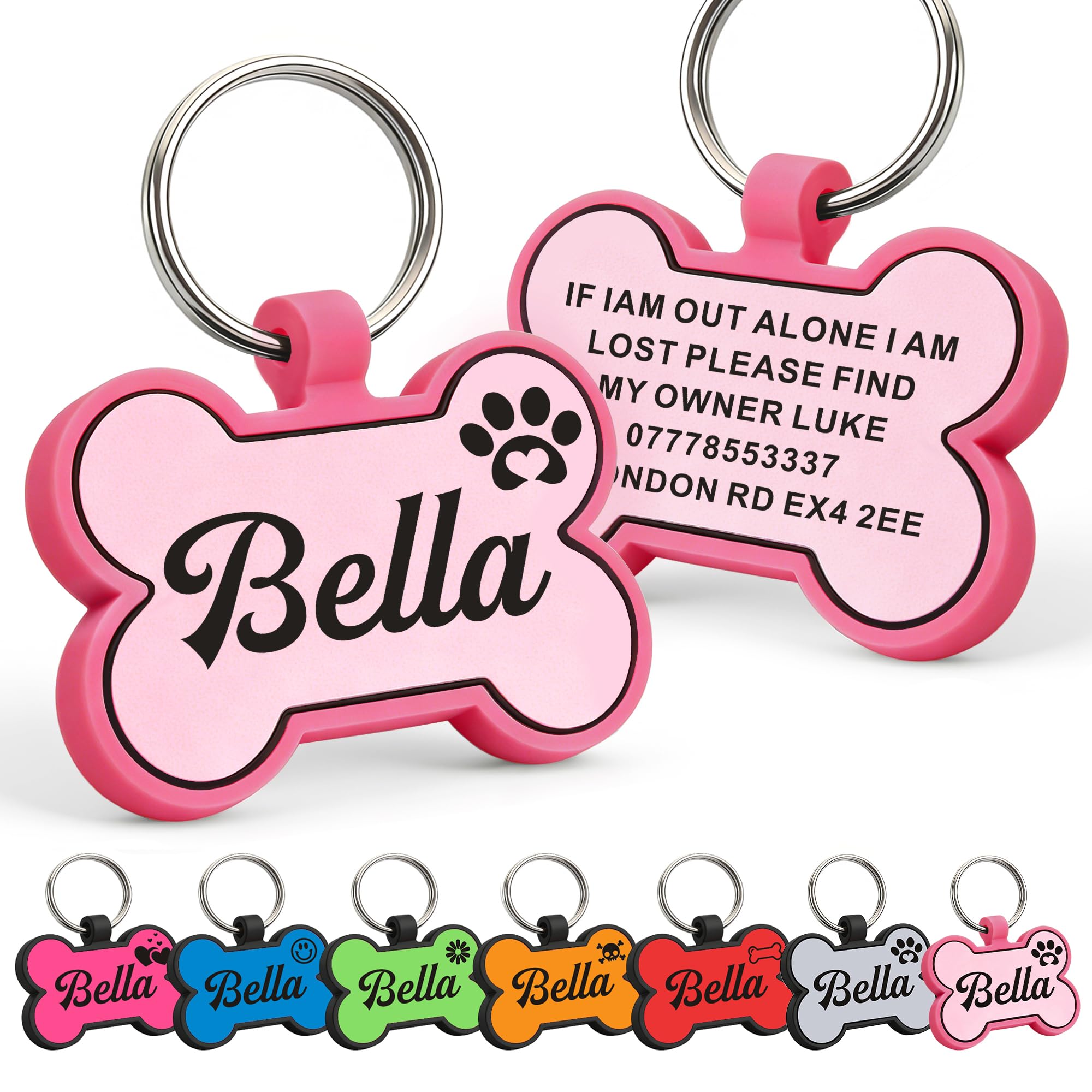 EDSG Dog Tags for Pets Engraved UK, Personalised Dog Tag Dog Name Tag ID Tags, Custom Dog Tags for Dogs Cats Puppy Kitty, Silicone Personalised Dog Tag (Light Pink Bone)
