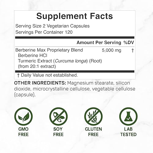 Miniatura 2 de DEAL SUPPLEMENT Berberine Max Suplemento con cúrcuma, 5,000 mg por porción, 240 cápsulas vegetales – 97% HCL de berberina pura – Extracto de raíz