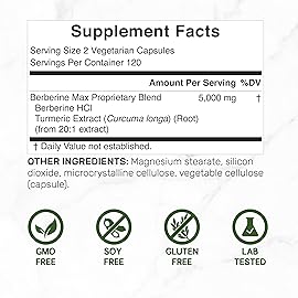 DEAL SUPPLEMENT Berberine Max Supplement with Turmeric, 5,000mg Per Serving, 240 Veggie Capsules - 97% Pure Berberine HCl - 20:1 Turmeric Root Extract - Vegetarian Friendly, Non-GMO