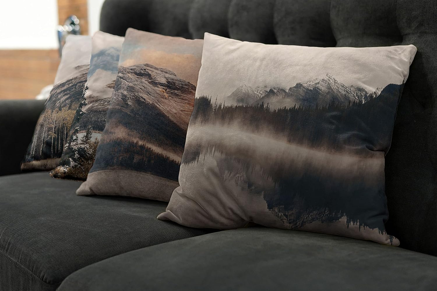 Ambesonne Landscape Throw Pillow Cushion Case Pack of 4, Snowy Mountains Woods Early Morning Sunrise Nature Outdoors Scenery Photo, Modern Accent Double-Sided Digital Printing, 18", Brown White