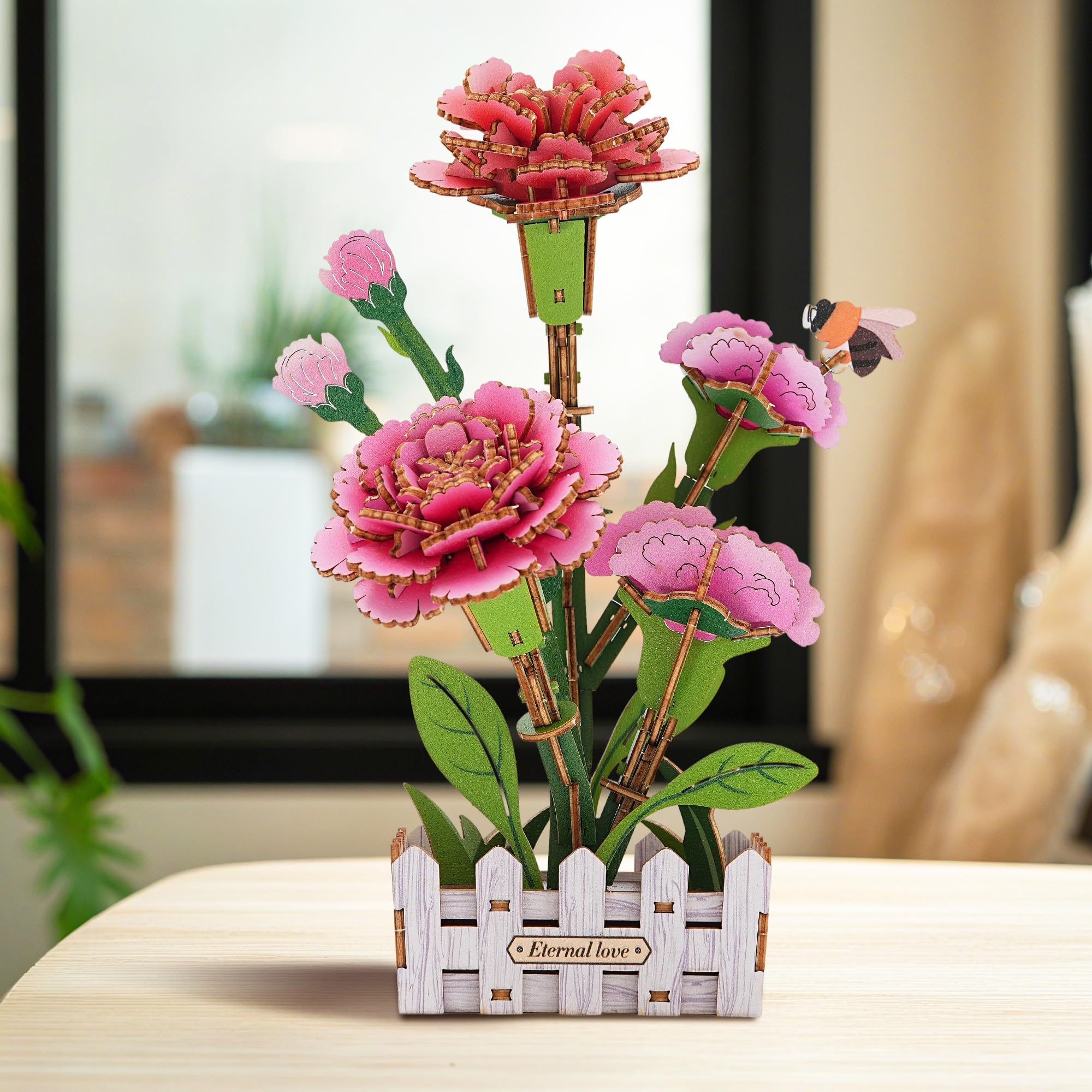 Set di Puzzle 3D, Fiore Fai-da-Te in Legno, Set di Modelli per Fiori Artificiali da Assemblare per Adulti, Miglior Set di Decorazioni per la Casa e Giocattolo Regalo per San Valentino (Garofano)