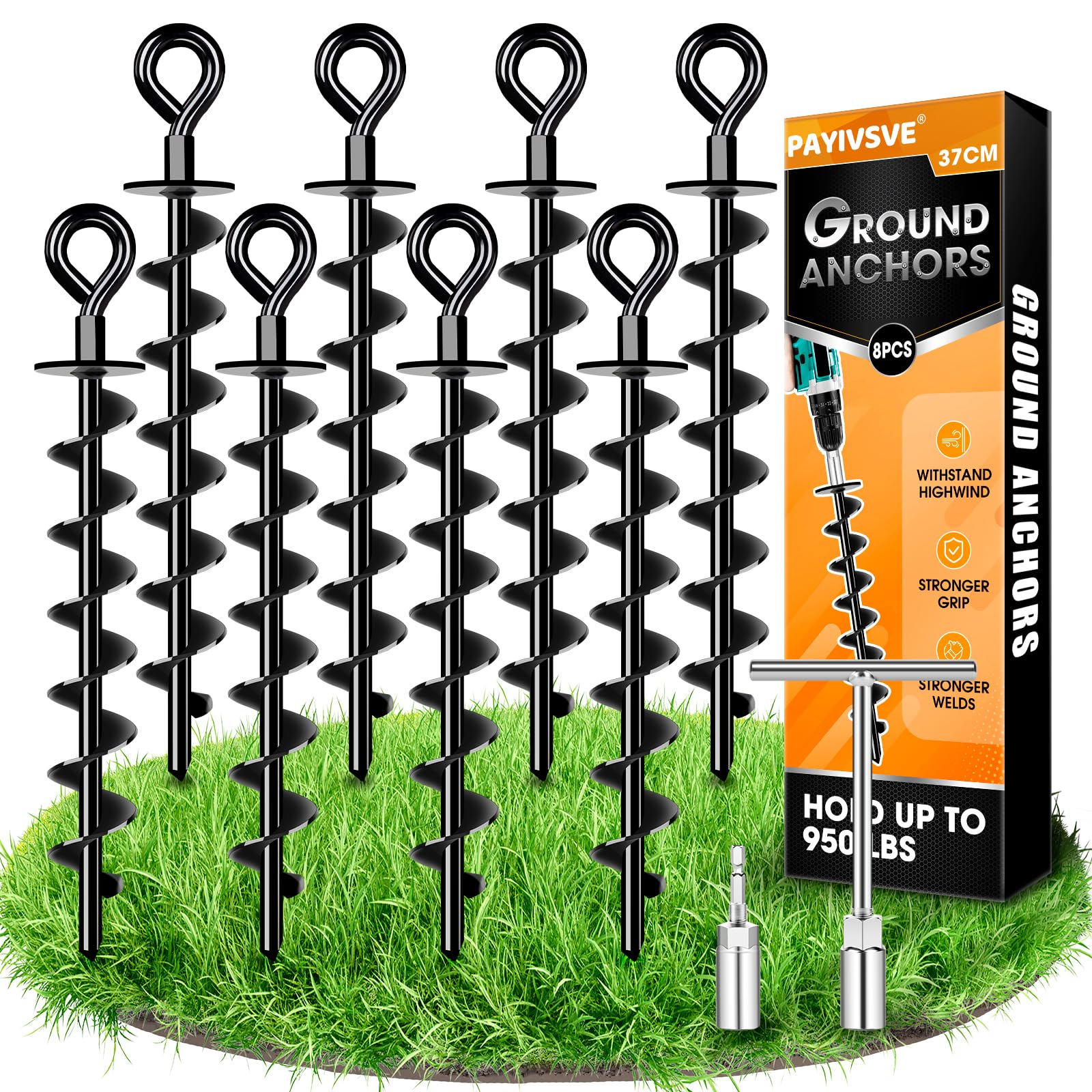 Payivsve Ground Anchor, Heavy Duty Ground Anchor, 8 Set, Full & Wide Screw Trampoline, Ground Anchor, Trampoline Set for Attaching Trampoline, Canopy, Swing etc
