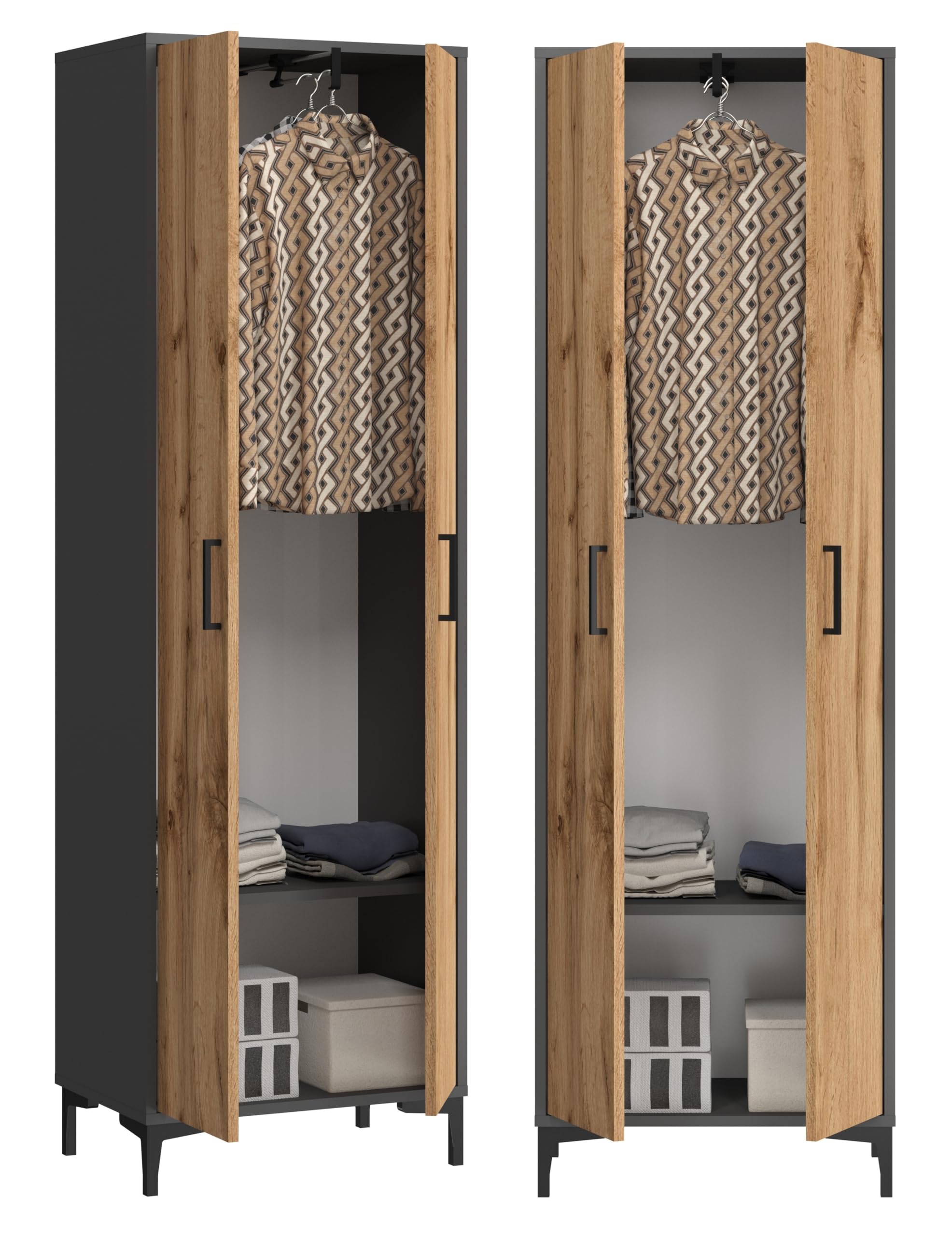 Kleiderschrank Garderobenschrank mit ausziehbarer Kleiderstange und einem Einlegeboden, Schrank für Flur Schlafzimmer Ankleide 192x60x35cm Grafit/Eiche Wotan