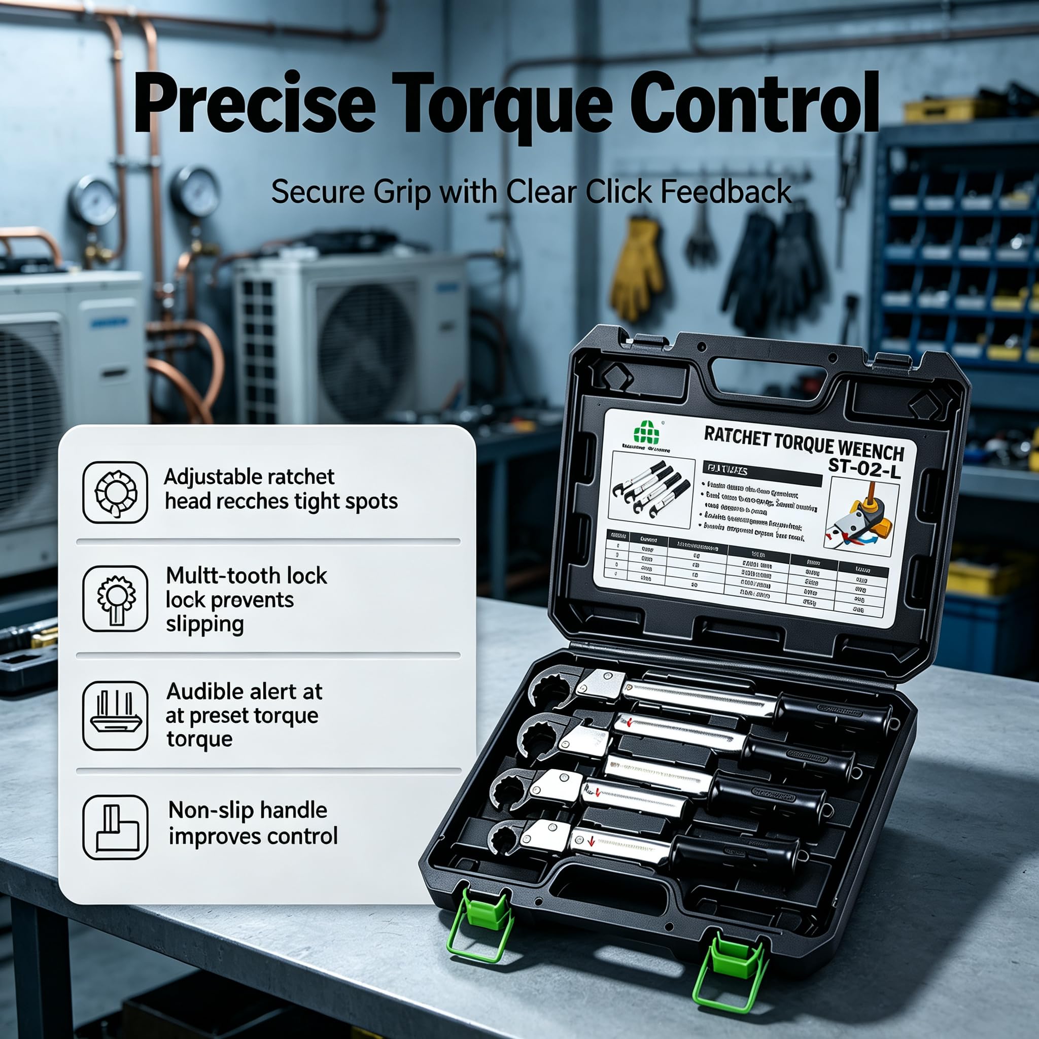 Kit chiave dinamometrica a cricchetto clic sonoro, chiave aperta 18-75 Nm | Attrezzatura professionale da garage, impugnatura ergonomica, per la manutenzione HVAC dell'auto