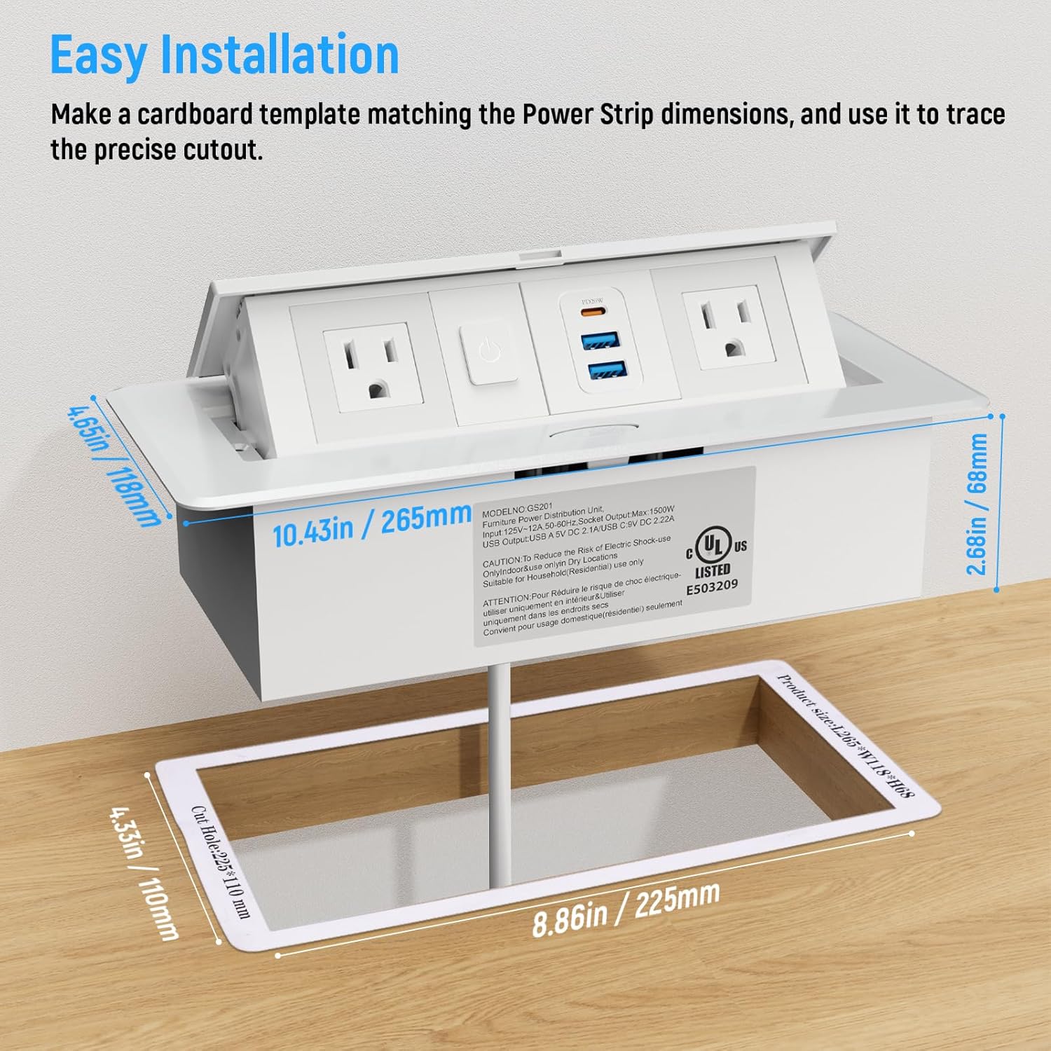Recessed Power Strip with 2 AC, 2 USB-A, USB-C Ports, Pop Up Power Outlet with PD 20W USB C Fast Charger, Receptacle Outlet with Switch and 6FT Cord for Conference Office Countertop UL Listed,White