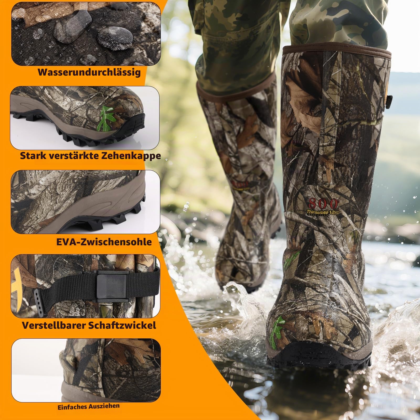Gummi-Jagdstiefel für Herren mit 800 g Isolierung, wasserdicht, isoliert, 6 mm Neoprenschuhe für Outdoor-Jagd (Next Camo, Größe 39-42)