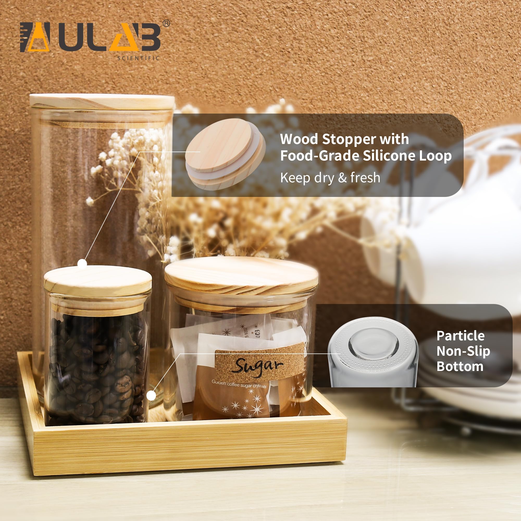 ULAB Juego de recipientes de vidrio grueso para alimentos con tapa, tarro de almacenamiento transparente, juego de recipientes herméticos de vidrio para galletas, pasta, granos de café, USJ1003