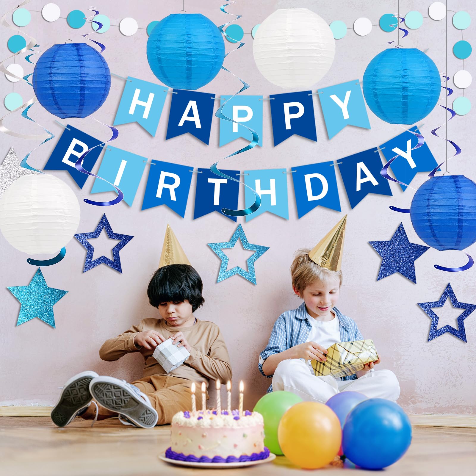 Decorazioni di buon compleanno, set di decorazioni per feste di compleanno blu con striscione di buon compleanno, lanterne di carta, decorazioni da appendere a spirale a stella e ghirlanda a pois