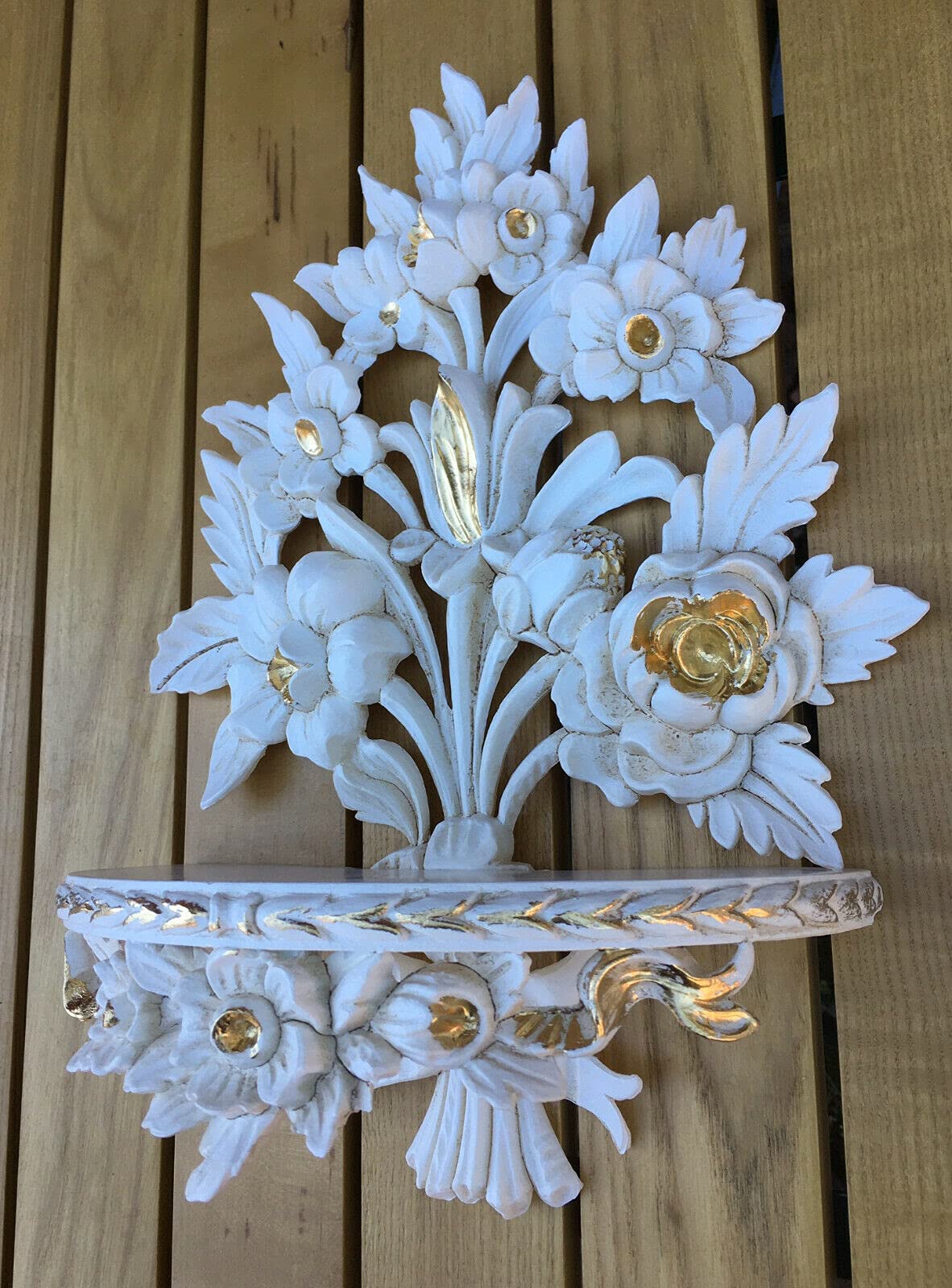 Wandkonsole Barock Elfenbein Gold/Spiegelkonsolen/Wandregal/Deko H35 Blumen cp82
