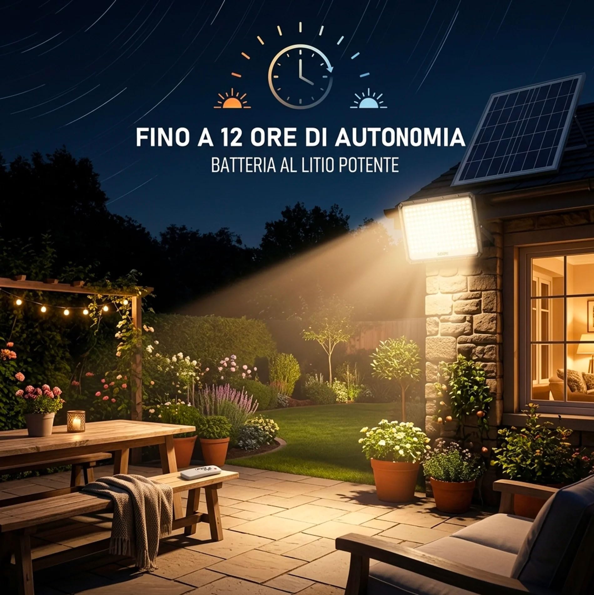 081 Store - Faro LED Esterno con Pannello Solare 5000W, IP66 Impermeabile, 320 LED, Luce Bianca 6500K, Telecomando, Autonomia 12 Ore