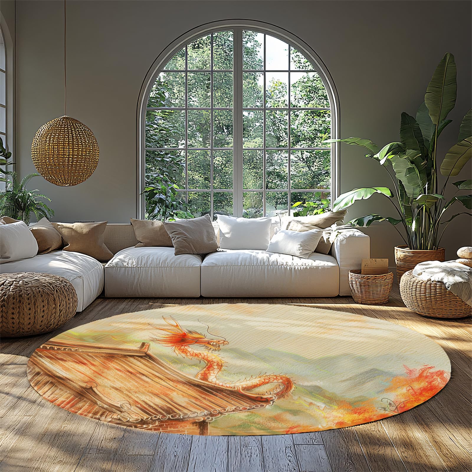 Tapis lavables ronds dorés dragon chinois temple toit design