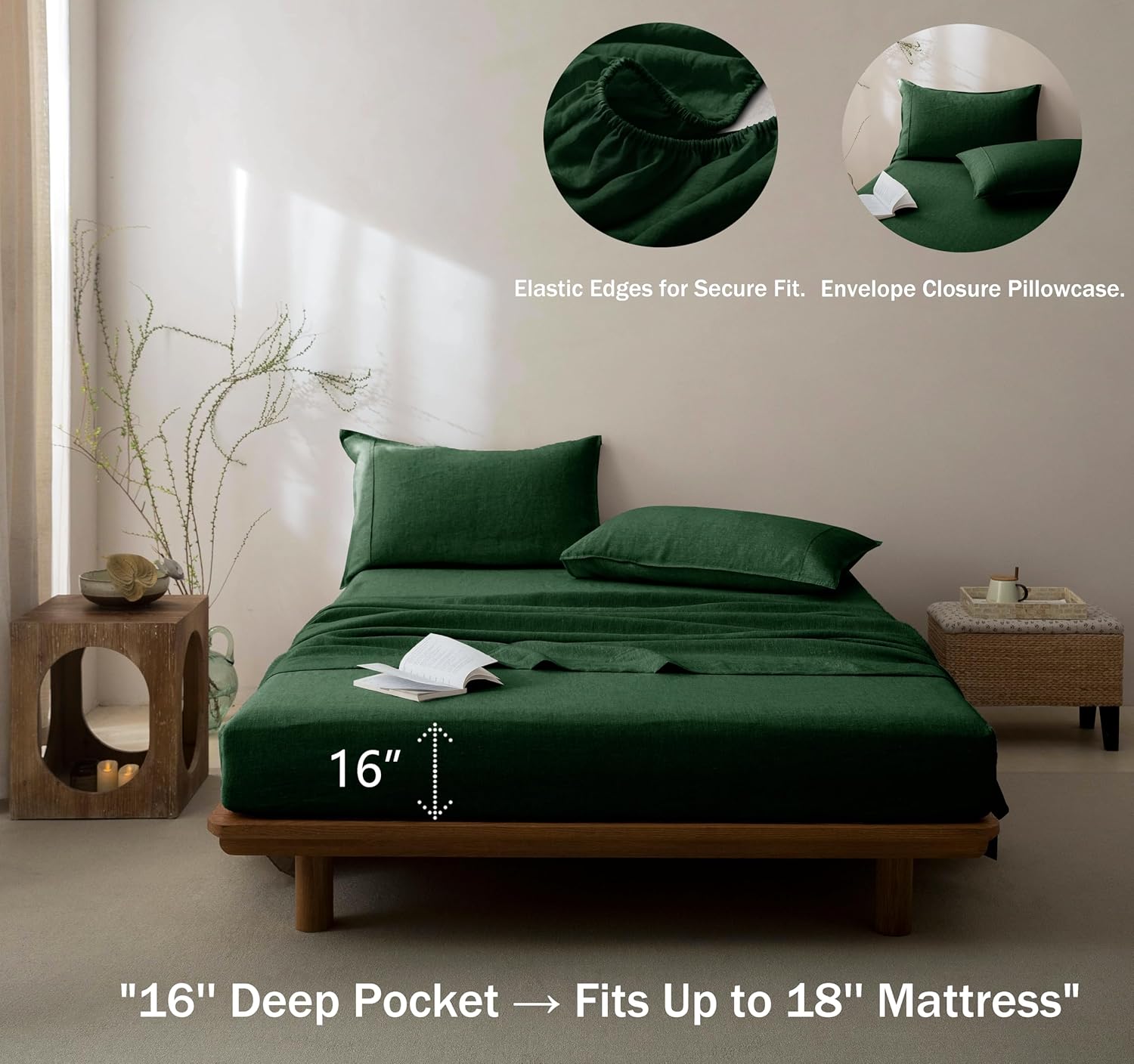 Talasily 100% French Pure Linen Sheets Set Twin Size,Oeko-TEX Certified Bedding, All-Season Breathable for Hot Sleepers,16 Inch Deep Pocket Machine Washable 3-Piece (Forest Green) - Image 2