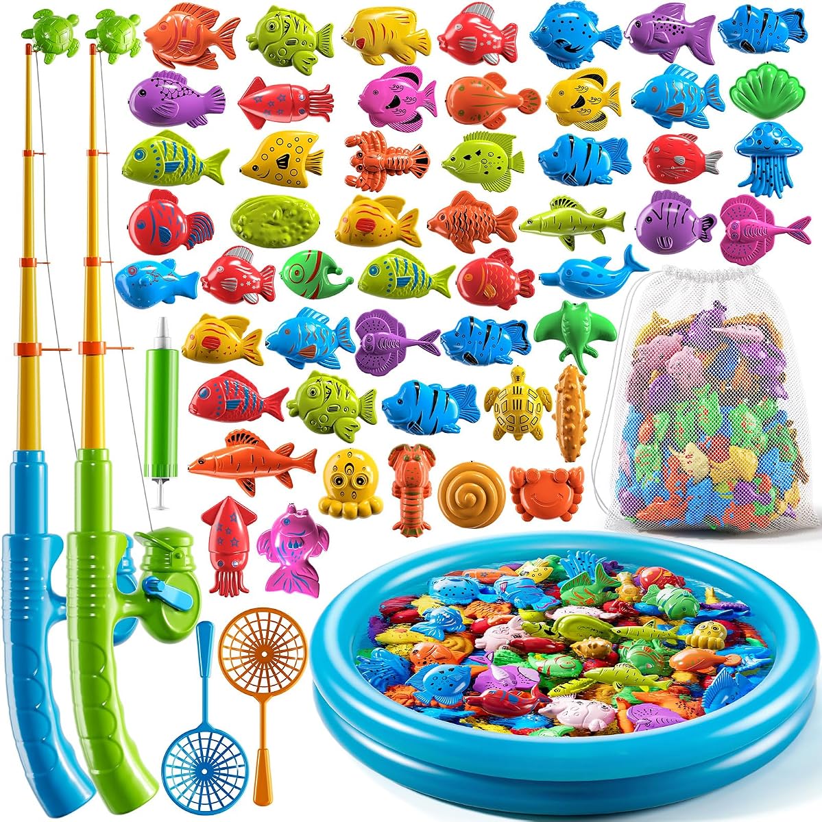 PEADUCK Magnetic Fishing Game Pool Toys for Toddlers 3-5, Water Table Bathtub Toys with Inflatable Pool Pole Rod Net Plastic Floating Fish, Outdoor Toys for Kids Boys Girls Age 3 4 5 6 7 8 Year Old