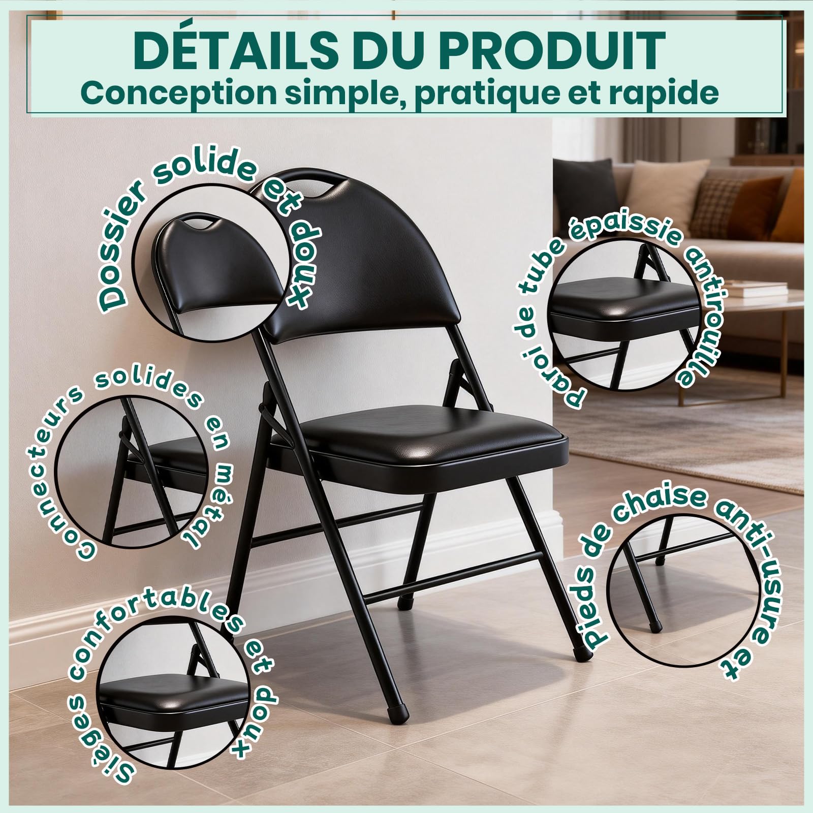 Chaise Pliante en Cuir PU Rembourrée avec Poignée, Siège Portable avec Coussin Épais et Cadre en Métal Solide, Confortable pour Maison, Bureau, Fêtes (4, Noir)