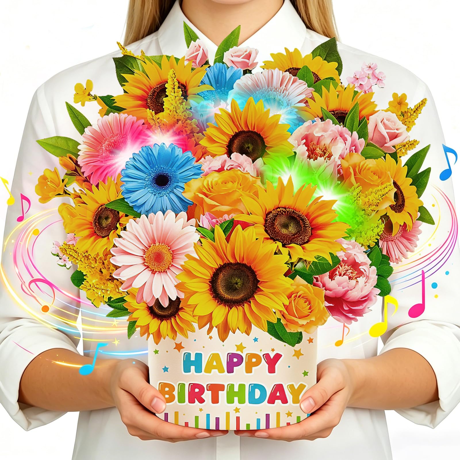 Birthday Cards with Music and Lights, Sunflower Happy Birthday Card, 3D Pop Up Greeting Card for Women Men Wife Mom Daughter Sister