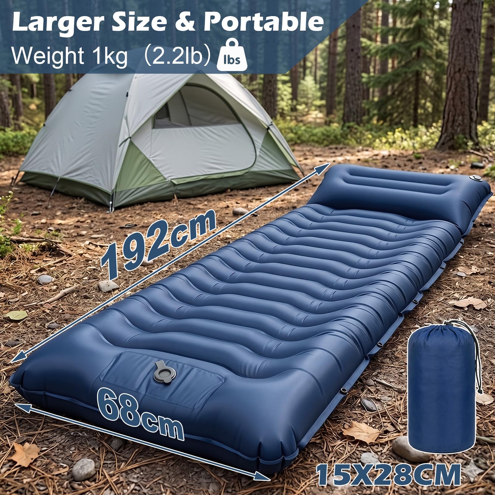 Colchoneta autoinflable para exteriores, 14 cm, colchón de aire grueso, colchoneta para acampar con almohada, plegable, esterilla de camping compacta, para senderismo, viajes, playa, 192 x 68 x