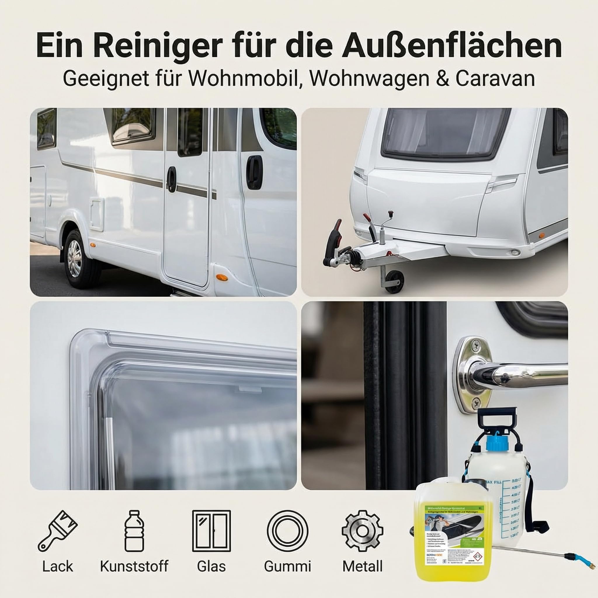 Richter Chemie Wohnwagenreiniger außen Konzentrat, Wohnmobil Außenreiniger & Caravanreiniger, 5L Kanister + Drucksprüher mit Lanze, bis 1:10 mischbar, ca. 50L