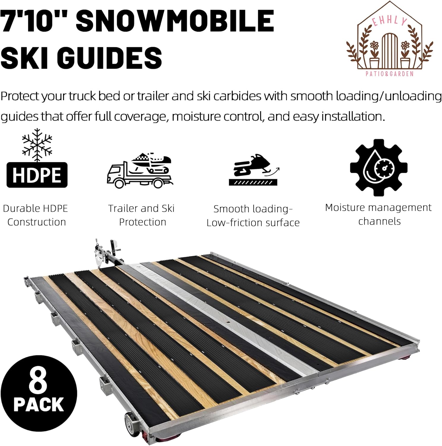 EHHLY 8PCS 94" Snowmobile Trailer Ski Guides (No Screws), 62 Ft Total Length, Snowmobile Ski Carbide Glide Protectors, Snowmobile Trailer Accessories, Each 94"x6.5"x0.375", Black