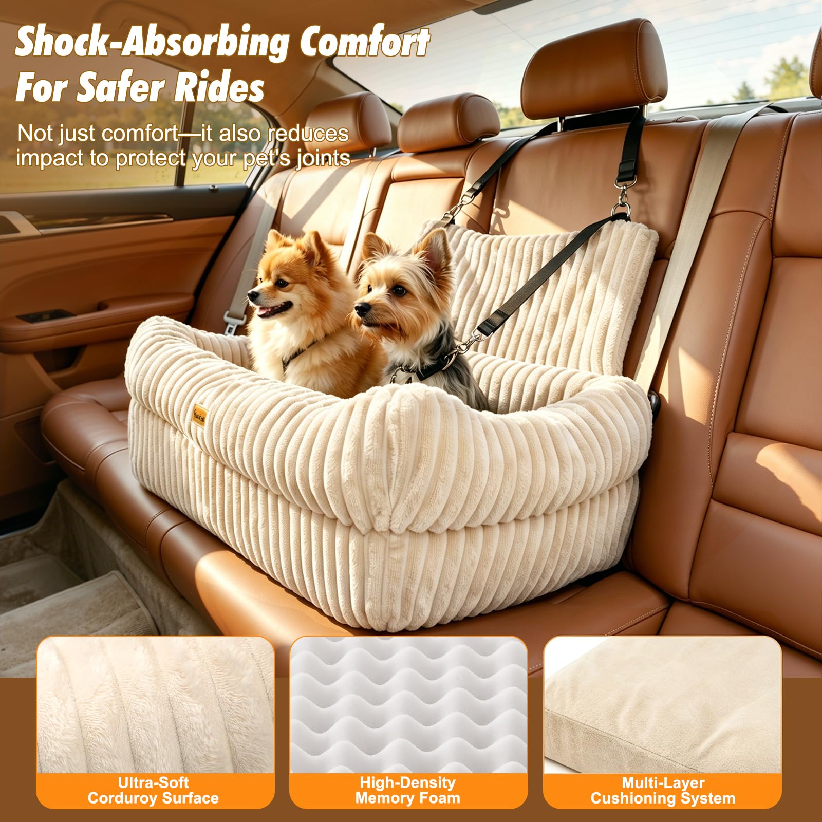 Pawaboo Dog Car Seat – Memory Foam Booster with Thickened Cushion, Washable Removable Cover, Safety Leashes, łóżko podróżne dla zwierząt domowych, dla średnich dużych psów lub 2 małych psów, beżowe