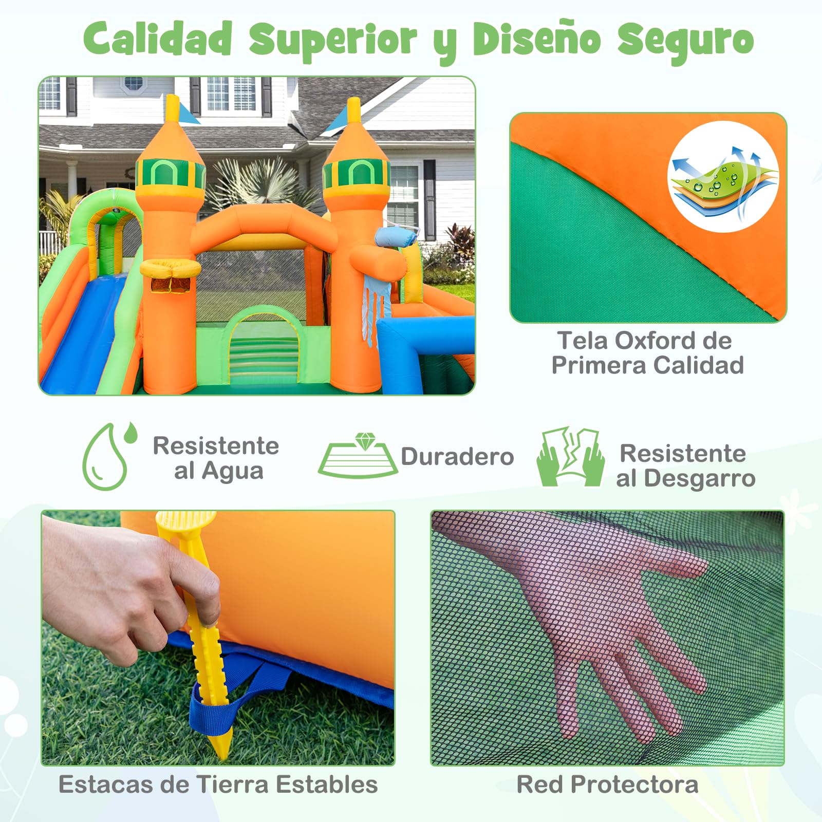 GOPLUS Castillo Hinchable 9 en 1 con 2 Toboganes, Piscina, Aro de Baloncesto, Juego de Gancho, Zona de Rebote, Pistola de Agua, Pared de Escalada, Casa de Salto Húmeda y Seca (sin Soplador)