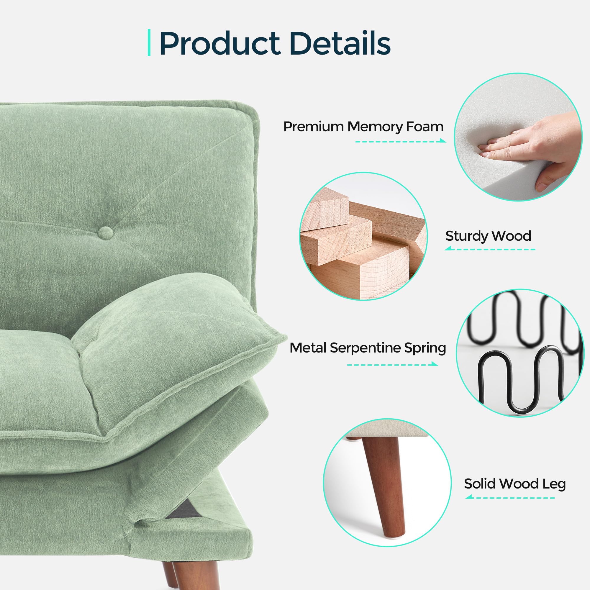 LINSY HOME Futon Sofa Bed, 70" Chenille Futon Couch with Adjustable Backrest Armrest, 3 in 1 Convertible Comfy Loveseat Sleeper Sofa Bed for Small Spaces Dorm Room Apartment Home Office, Light Green