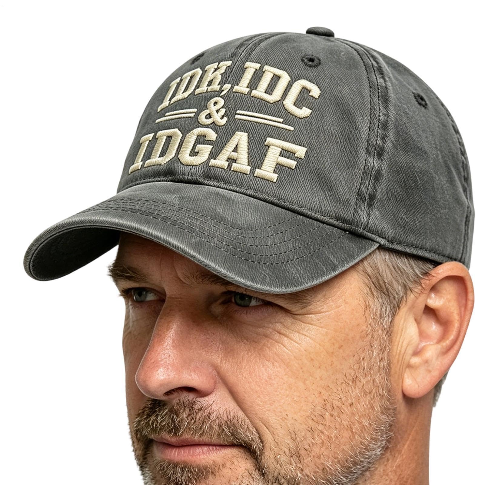 IDK IDC & IDGAF Embroidery Cap | Cotton Embroidered Adjustable Baseball Hat | Breathable Soft Dad Hat | for Adults Men Women Travel Camping Running Golf Hiking Fishing Sports Party