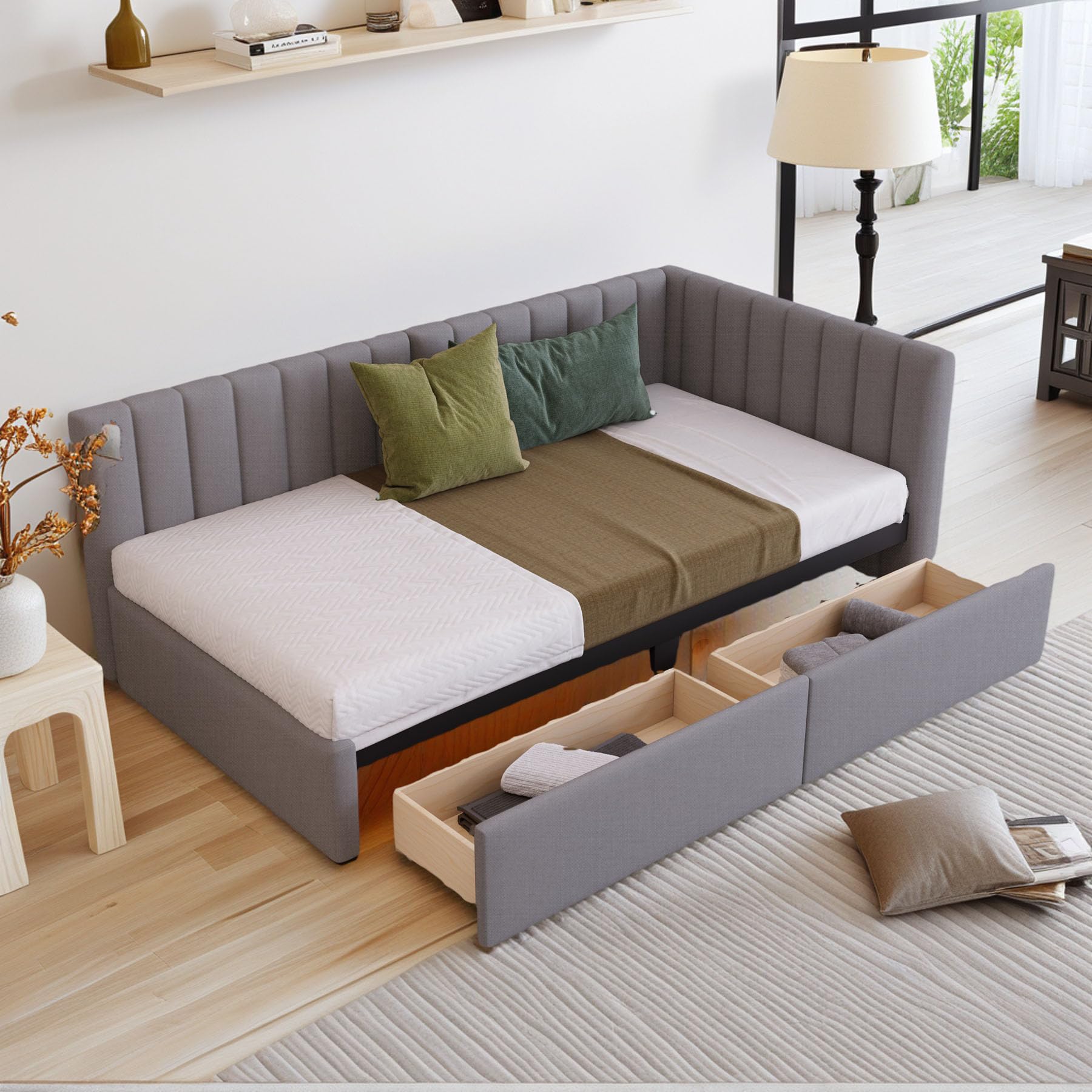 Twin Corner Daybed with 2 Storage Drawers,L Shaped Day Bed with Upholstered Armrest,Modern Sofa Bed Frame,Linen Fabric,No Box Spring Needed (Gray)