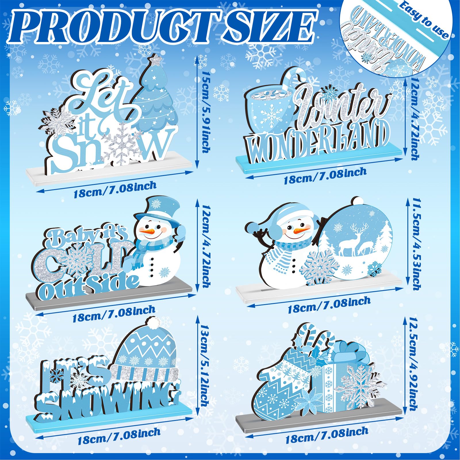 Wonderjune 6 Pcs Winter Table Decorations Snowflake Snowman Wooden Centerpieces Wonderland Decor for Theme Party Winter It's Snow Theme Christmas Birthday Baby is Cold Outside Party Supplies (Blue)