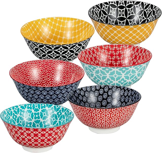 Sulmans Set of 6 Porcelain 680ml Bowls Vibrant Multicolour Perfect for Cereal, Salads, Deserts, Ice Cream, Breakfasts, Noodles, Rice, & Soups, Dishwasher, Microwave & Oven Safe