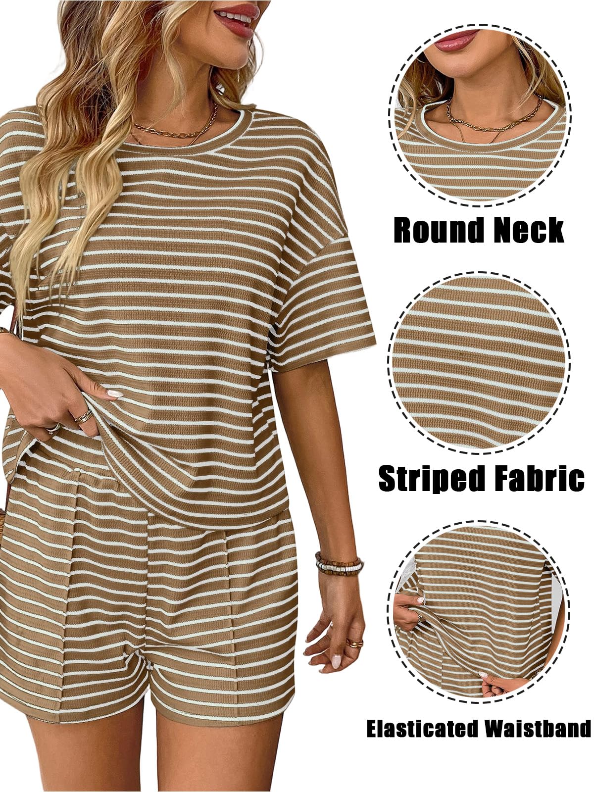 Conjunto Chándale Mujer 2 Piezas Pantalones Cortos Top Camiseta Manga Corta Rayas Cuello Redondo Deportivo