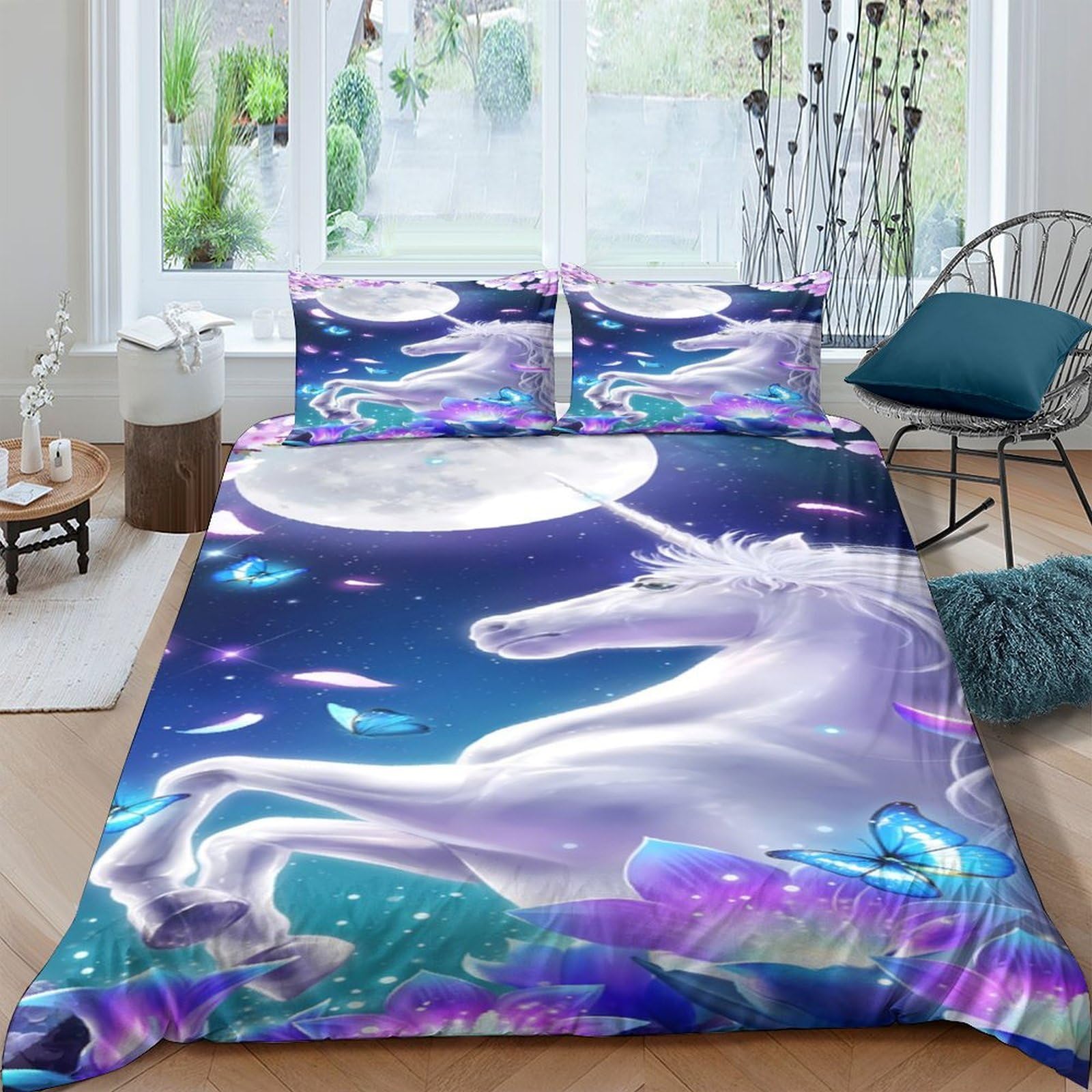 Ctjqhvkz Style-1 3D Printed Moonlight Unicorn Fitted Sheet Microfiber Soft Non-Slip Fantasy Butterfly Bed Cover For Bedroom Home Decor Single（135X200cm）