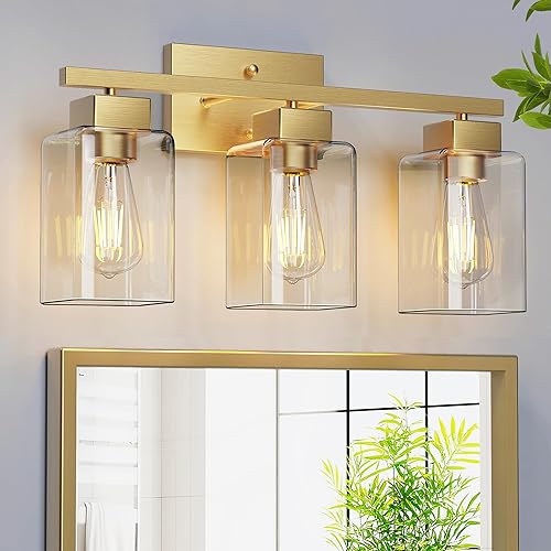 PARTPHONER Lámparas de baño de 3 luces, luces de tocador modernas de oro cepillado, accesorios de iluminación de baño sobre el espejo, apliques de