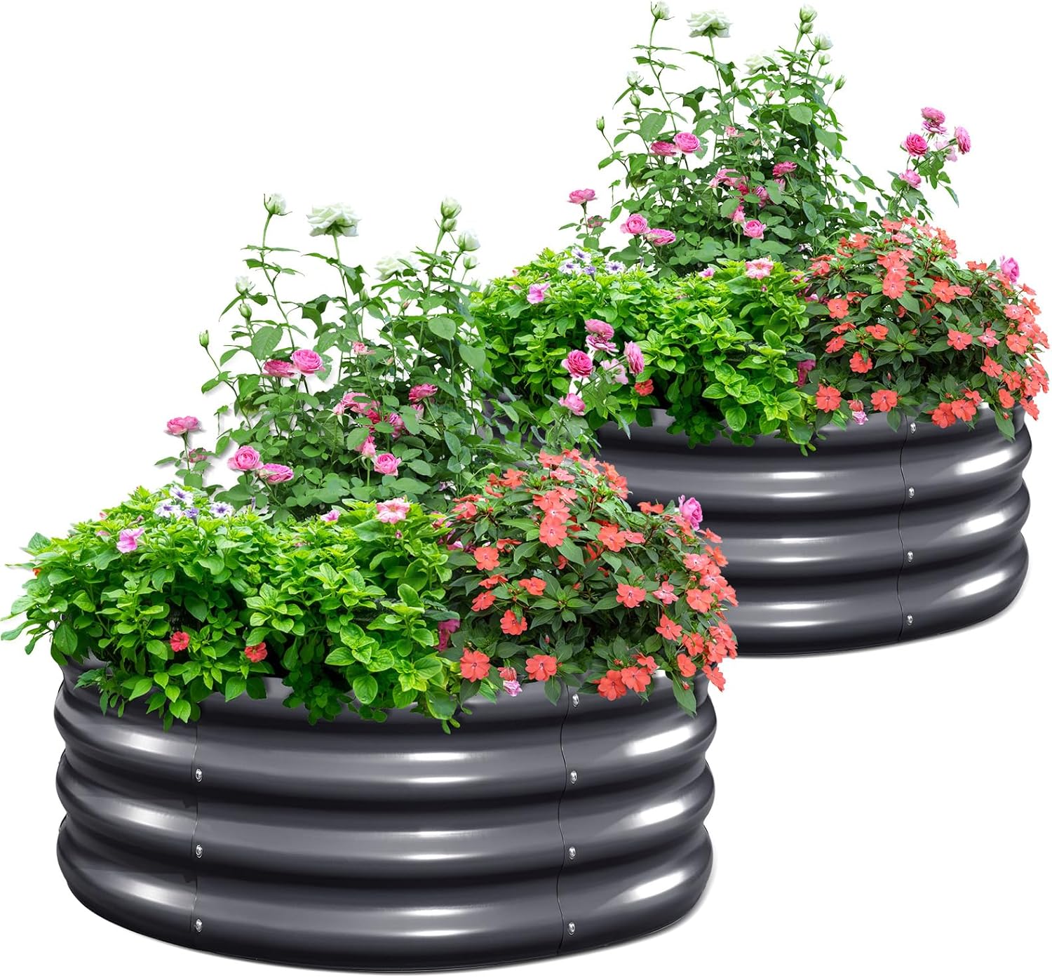 KING BIRD Raised Garden Bed Galvanized Round Planter Box Outdoor for Gardening, Plants, Vegetables, Flowers, Dark Grey, 24x24x12 in 2 Packs Dark Grey 24x24x12 in X 2